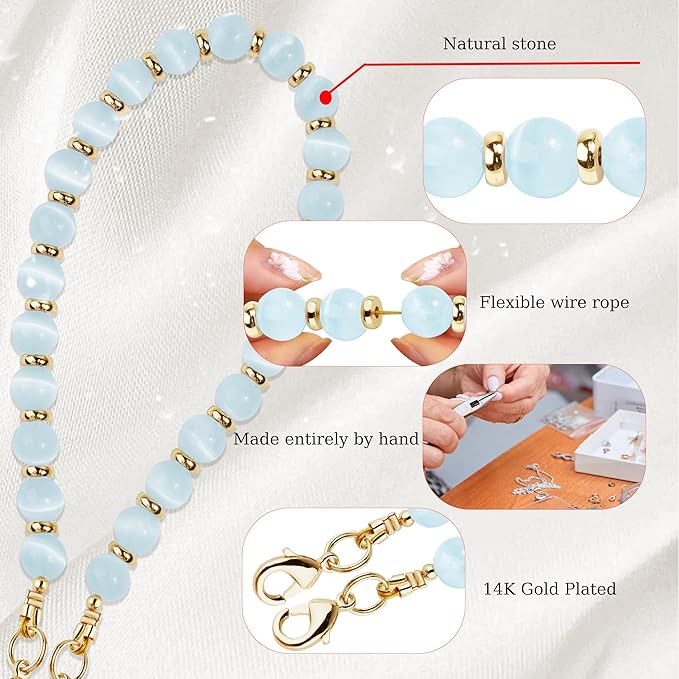 Marble Beaded Phone Wrist Strap,Detachable Phone Bracelet Strap with Tether Tab,Hands-Free Wristlet Strap (Light Blue Cat's Eye)