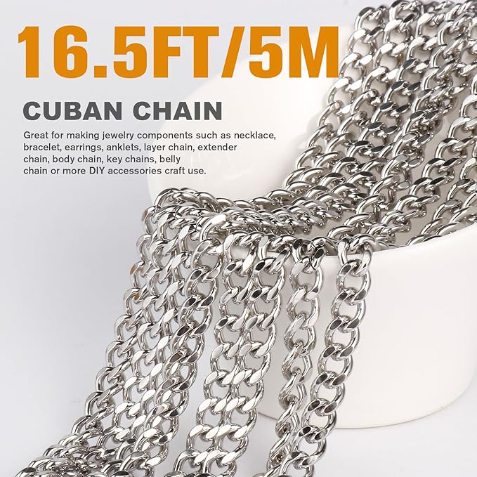 16.5FT Stainless Steel Cuban Chain Roll 6MM Diamond-Cut Curb Link Chains Spool Bulk for Jewelry Making