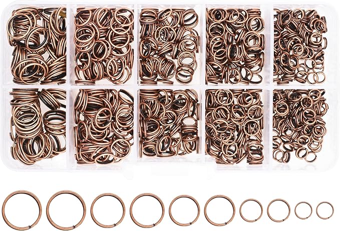 Mandala Crafts Assorted Antique Copper Colored Double Jump Rings for Jewelry Making - 800 Pcs Mini Split Key Rings Set for Crafts, DIY Keychains, and Accessories