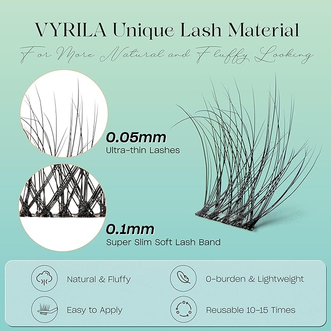 VYRILA Lash Clusters 144pcs Individual Lashes, 3D Wispy Lashes Clusters, 0.1mm Super Thin Band Resuable Natural Lashes,D Curl Faux Mink Lashes, 0.05mm Lash Extension (Green Hush-D-0.05-8-16mix)