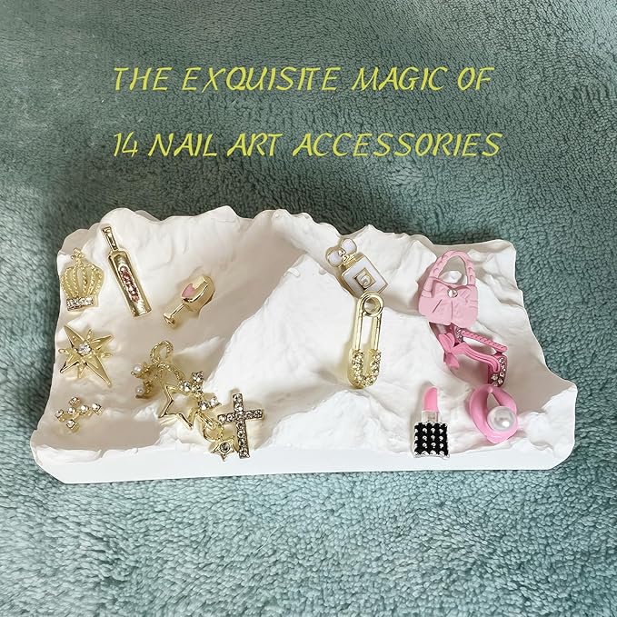 84 pcs 3D Gold Pink Nail Charms Y2K Set Cute Nail Charms with Stars, Crowns, Crosses,Bins,Lollipops, Lips, Bottles, Cups, Perfume, Lipsticks, Bags, and Heels for Nail Art