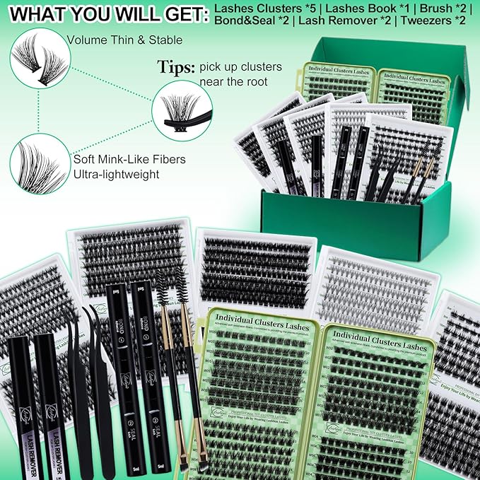 Lash Clusters Kit Wispy Eyelash Clusters Kit Lashes Clusters Kit Cluster Eyelash Extensions Pestañas Postizas Naturales+Lash Bond and Seal*2,Remover*2,Lash Tweezers*2,Mascara Brush*2(6 Boxes Kit-2)