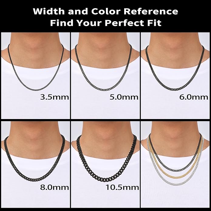 Fiusem 3.5mm Cuban Link Chains for Men, Silver Tone/Black/14K Gold Plated Stainless Steel Necklace Chain, Mens Necklace 16, 18, 20, 22, 24, 26, 28 Inch