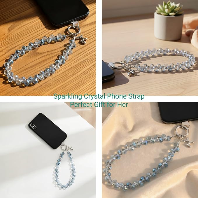 2pcs Crystal Phone Wrist Strap Phone Charm Chain Keychain Beaded Cellphone Lanyard with Tether Tab Hands-Free Wristlet Bracelet Wrist Grip Strap for Women, D-Light Blue
