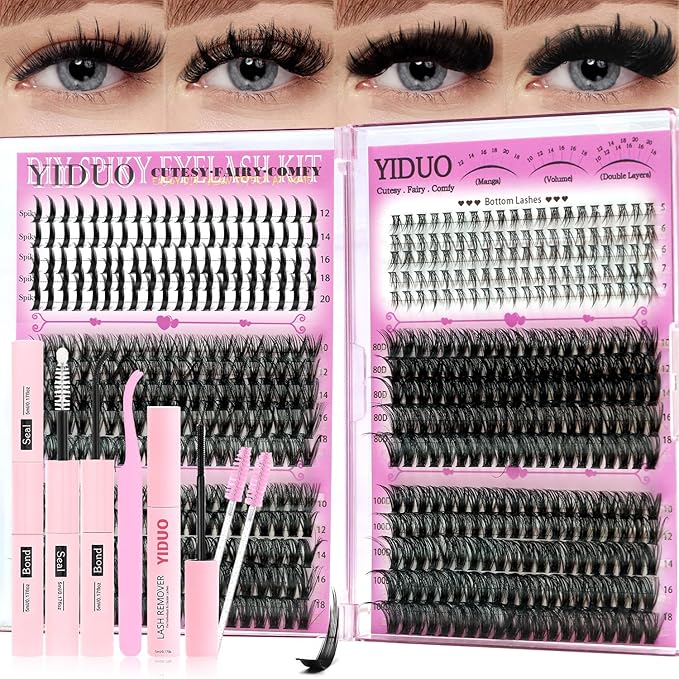 YIDUO Lashes Clusters Kit Bottom Lashes Clusters with Spikes Wispy Manga Volume Thick Individual Lash D Curly Cluster Eyelash 600pcs Cluster Eyelash Extensions with Lash Bond and Seal Tweezers Remover