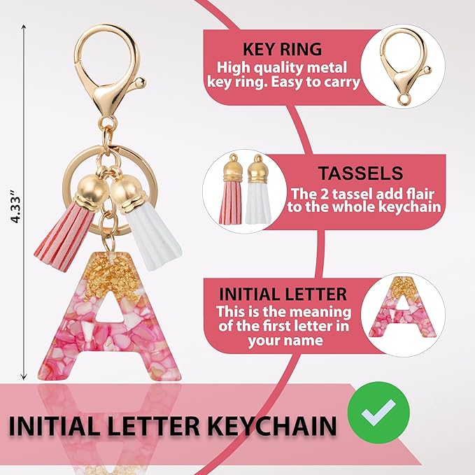Initial Letter Keychain Cute Resin with 2 PU Tassel, Letter Keychain for Backpack Charms, Initial Keychains for Women