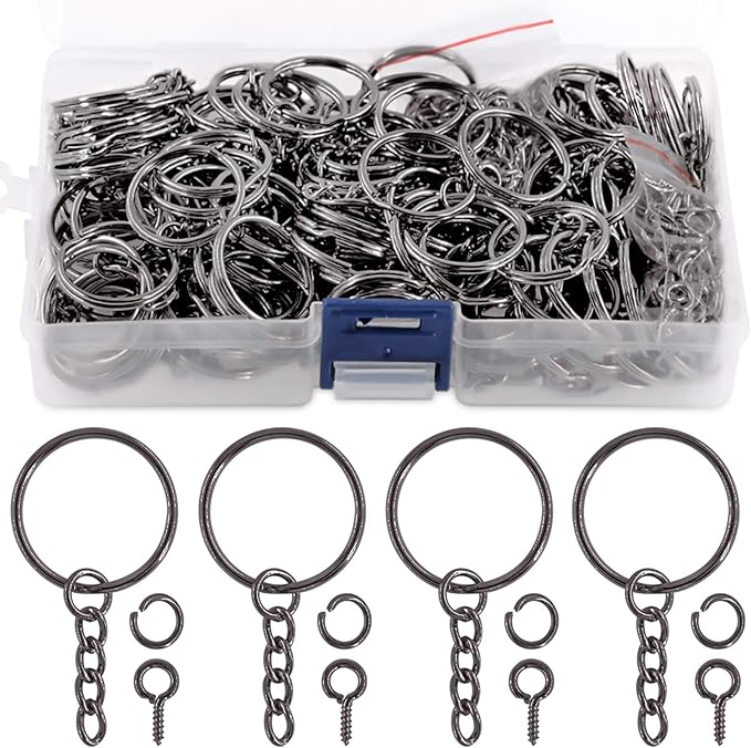 Swpeet 450Pcs 1 Inch 25mm Black Flat Key Chain Rings Kit, Including 150Pcs Split Keychain Rings with Chain and 150Pcs Jump Ring with 150Pcs Screw Eye Pins Bulk for Jewelry Findings Making