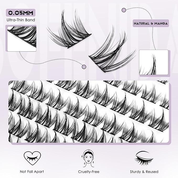 SOFENIDA Natural Lashes Cluster Manga Lash Clusters Kit 8-16mm Lash Extension Kit Eyelash Extension Wispy Lash Clusters Individual Lash Wispy Eyelashes Clusters with Lash Glue&Tweezers