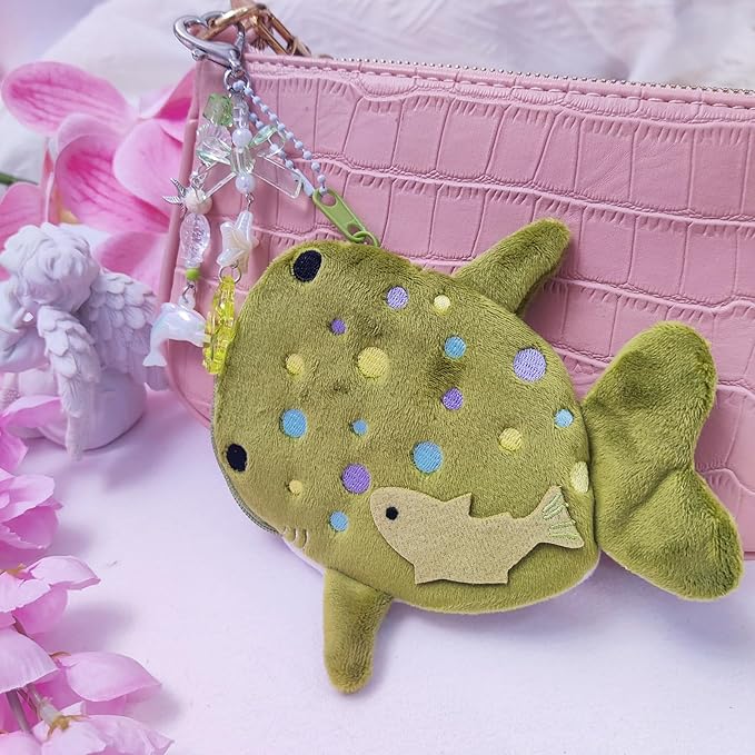 Adorable Whale Shark Coin Purse Keychain,Soft Plush Zipper Coin Purse,Handmade Purse Bag Charm Gift for Women (Green)