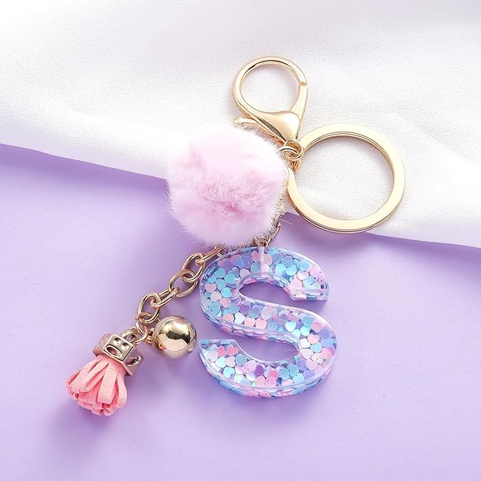 Resin Alphabet Initial Letter Keychain Keyring for Women Purse Handbags With Fur Ball Pom