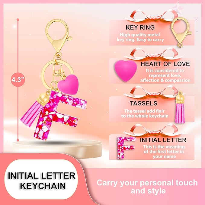 Initial Keychains for Women with Cute Heart Resin - Alphabet Letter Keychain for Bag, Backpacks, Purse or Car key