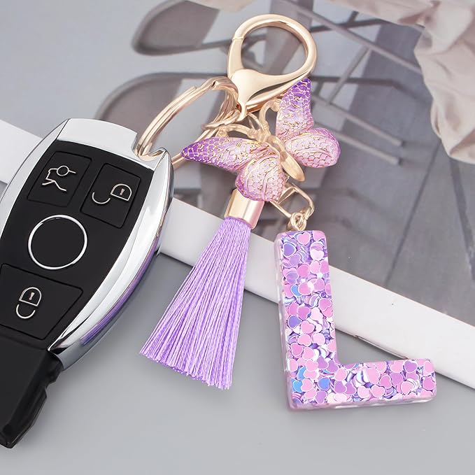 Initial letter Keychains for Women Girls Tassel Butterfly Cute Keychain for Wallet Backpack charm