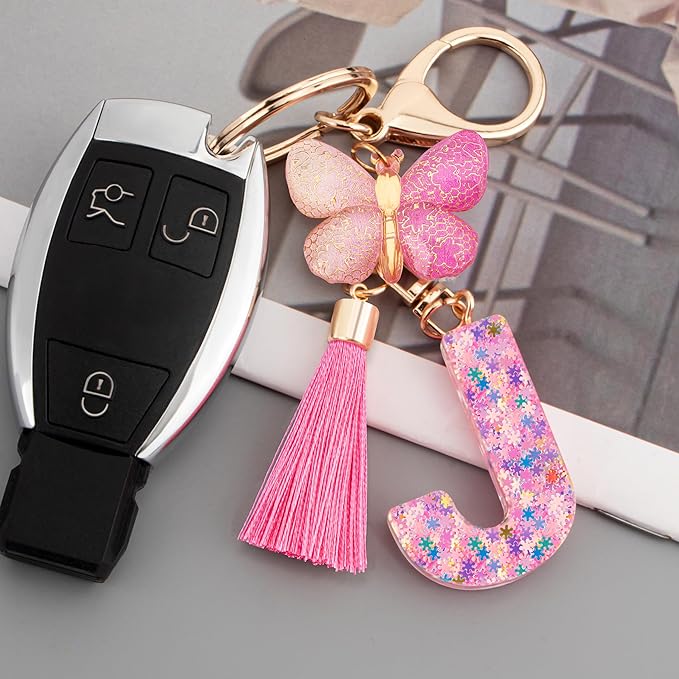 Suweibuke Cute Pink Key Chains for Women Girls, Initial Letter Keychains with Tassel, Charms for Key Purse Handbags Backpacks