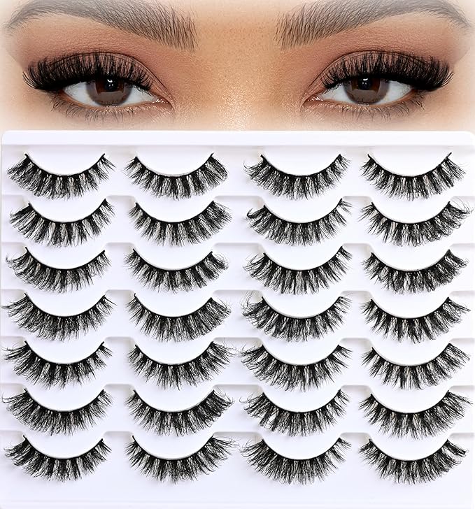 APCYUST Lashes Fluffy False Mink Eyelashes 14 Pairs Cat Eye Lashes Fake Russian Strip Eyelash Natural Lash Strips Eye Lashes Pack D Curl Short Lashes Natural Look Wispies Cateye Lashes for Women