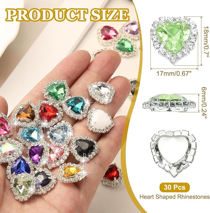 PATIKIL 30PCS Heart Rhinestones, Sew on Rhinestones Buttons Crystal Heart Nail Charm Embellishment Flatback Diamond for Sewing DIY Clothing Wedding, Light Green