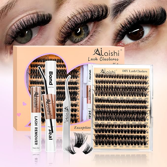 AILAISHI Lash Clusters Kit, DIY Cluster Eyelash Extensions 9‑16mm, 60D+80D+100D, 224pcs Fluffy D Curl Natural Lashes with Bond & Seal,Remover,Tweezers,Brush–Fake Cat Eye Individual Clusters