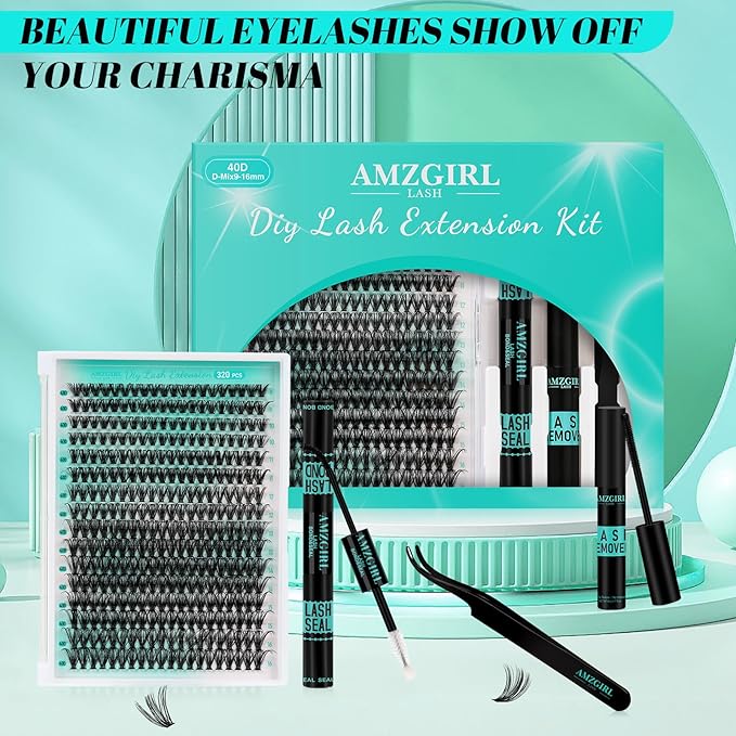 Lash Clusters Kit 320Pcs,40D Eyelash Extension Kit,Lash Bond and Seal Waterproof,Lash Remover for Individual Cluster Lashes Kit,Lash Applicator Tool for DIY Lash Extension Kit(D-Mix9-16mm Kit)