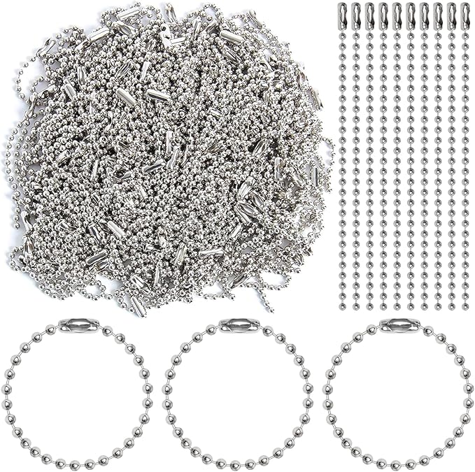 200 pcs 100 mm Long Bead Connector Clasp Ball Chains Keychain Tag Keychain Ball Chain 2.4 mm Diameter Adjustable Antiqued Metal Bead Steel Chain