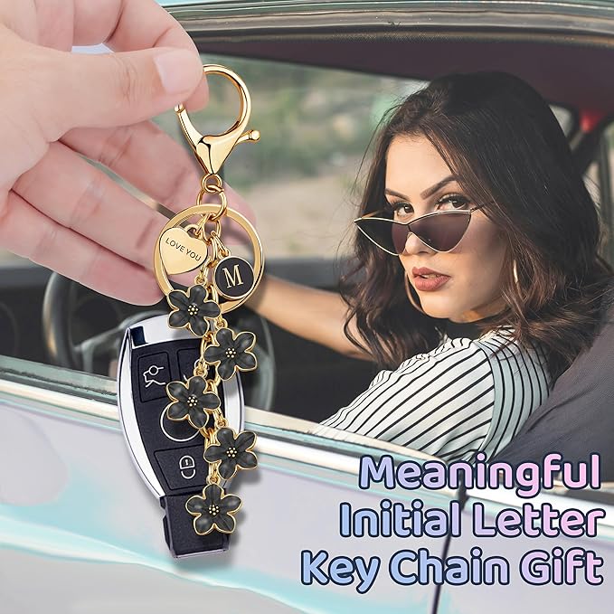 Suweibuke Cute Initial Letter Keychain with Love You Heart, Enamel Flower Charm for Key Handbag Backpack - Women Girls Gifts