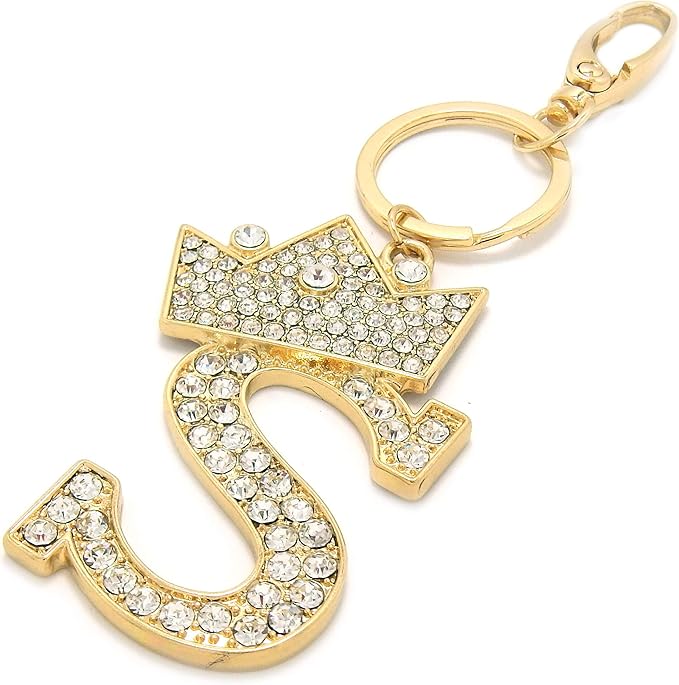 CBC Crown Crystal Rhinestone Letter Initial Keychain, Gold Metal, Bag Charm with Key Ring Approx. 2.17" x 2.56"