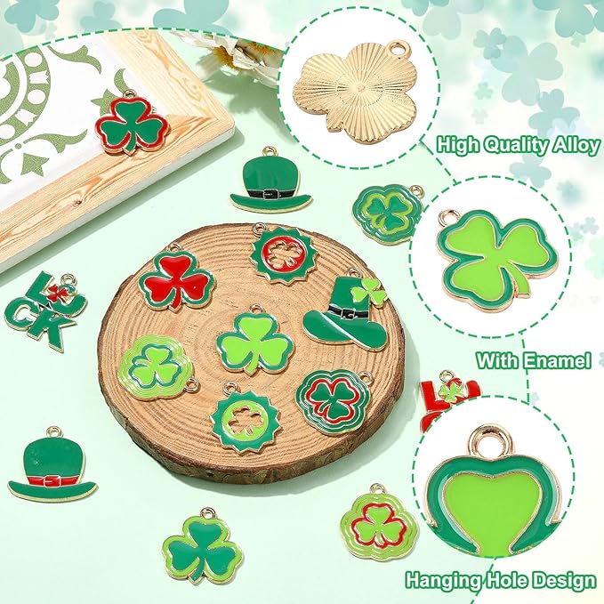 Stiesy 30 Pcs Mixed Styles St. Patrick's Day Theme Charms Pendants Enamel Luck Clover Leaf Green Hat Charms for Jewelry Crafts Necklace Bracelets Earring Making DIY Party Presents