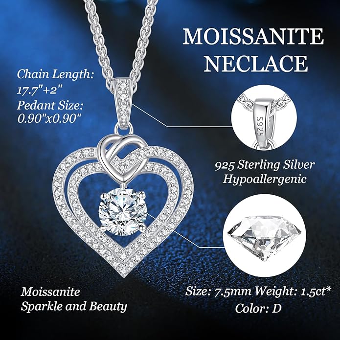 OOBEE Moissanite Heart Necklaces for Women, 1- 4 Carat Moissanite 925 Sterling Silver Gold Plating Fine Women Necklace，Ideal Anniversary Birthday Christmas Valentine Mothers Day Jewelry Gifts for Mom Wife Her Girlfriend