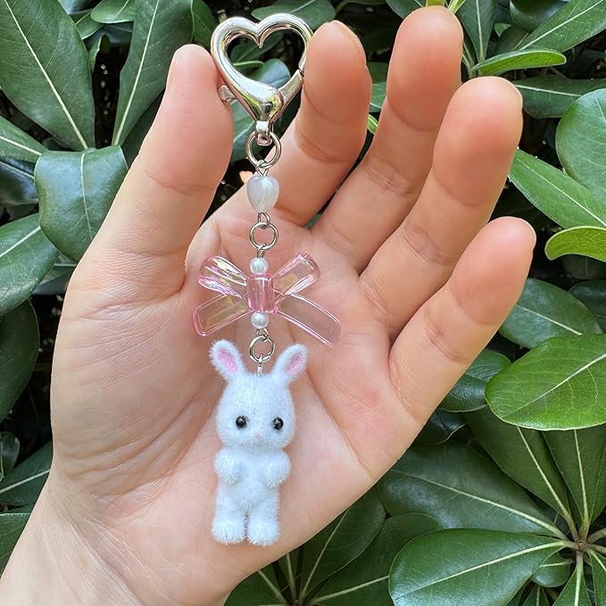Cute Fuzzy rabbit Keychain for Women - Y2K Plush Bow Bag Charm Decor, Kawaii Kitty Pendant Gift for her