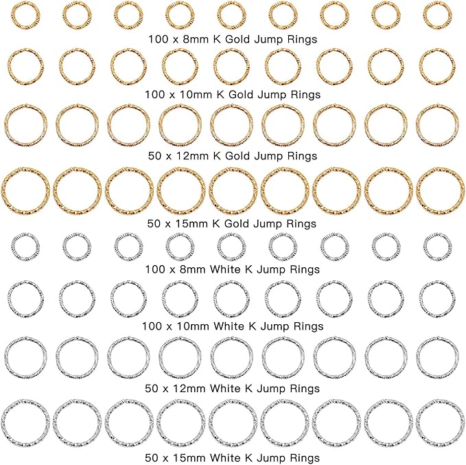 600Pcs Twist Open Jump Rings, 8/10/12/15mm O Rings Connectors Jewelry Findings Round Circle Large Jump Rings for Jewelry Making DIY Earrings Bracelet Necklace Keychain Pendants Crafts(K Gold,White K)