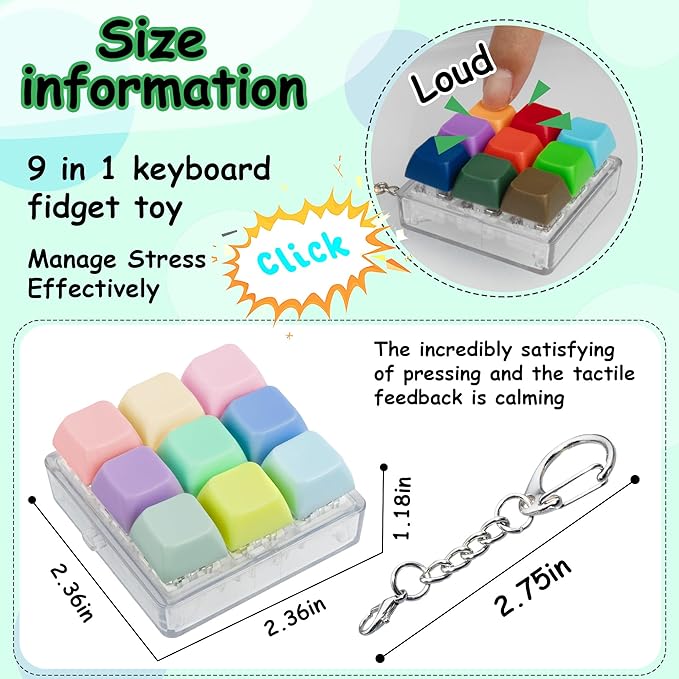 2 Pack 9 in 1 Keyboard Fidget Toy, Keyboard Fidget Keychain Anti-Stress Keyboard Decompression Button Finger Clicker Toys Stress Relief Fidget Gifts (Mix Bright)
