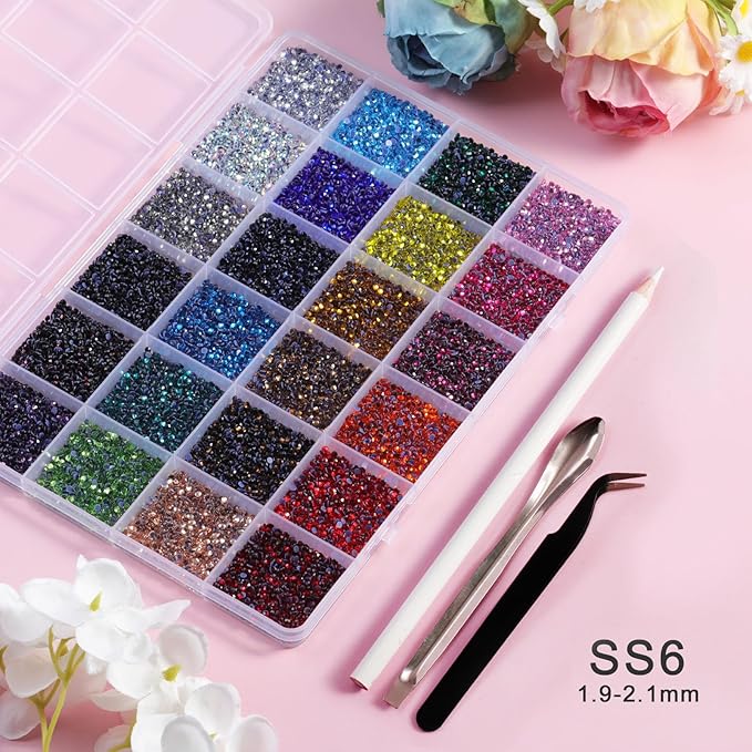 BEADSLAND Hotfix Rhinestones Mixed 24 Colors, SS6 Rhinestones for Crafts Clothes, Hotfix Crystals with 1 Tweezers, 1 Wax Pencil and 1 Spoon