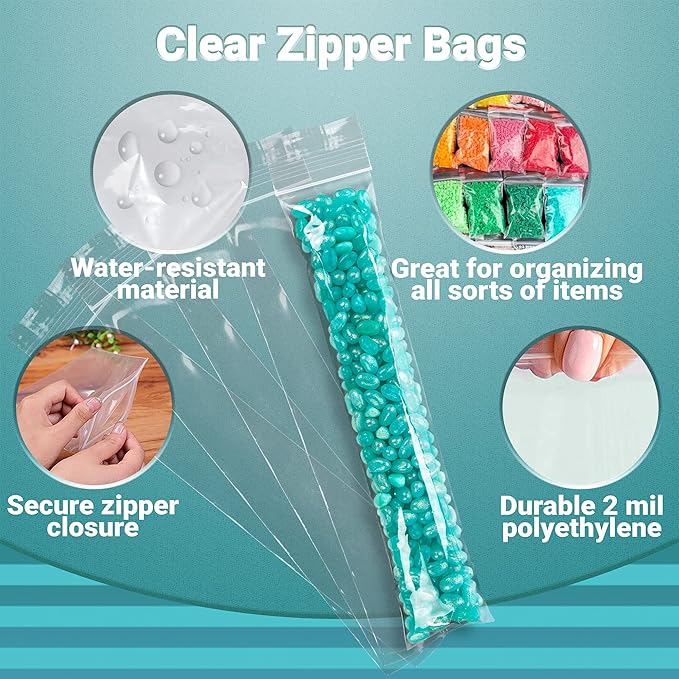 APQ Clear Plastic Reclosable Zipper Bags, 2 x 12 Inches. Pack of 1000 Reclosable Plastic Bags with Zipper Closure. 2 Mil Plastic Jewelry Bags. Waterproof Reclosable Zip Bags for Industrial Use