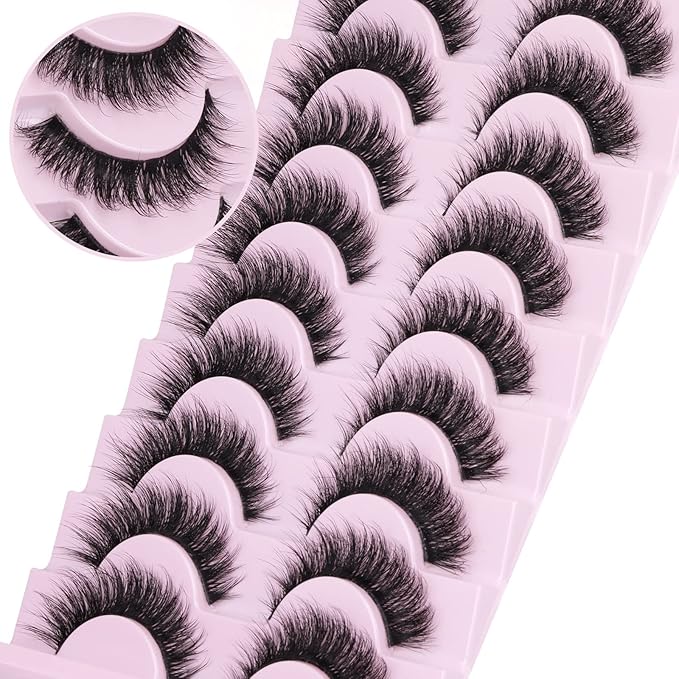 Russian Strip Lashes Cat Eye Mink Lashes Natural Wispy Eyelashes zanlufly D-Curly Volume False Eyealshes Clear Band Volume Natural Look Fake Lashes that Look Like Extensions Eye Lashes Pack