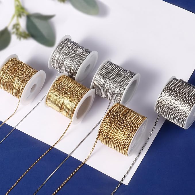 33FT Gold Box Chain for Jewelry Making 2MM Gold PVD Plated Staianless Steel Square Box Chain Roll Bulk for DIY Crafts Jewelry Making
