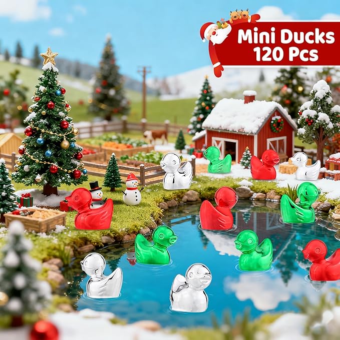 120Pcs Mini Duck Statue Golden Duck Figurines Micro Garden Landscape Dollhouse Cake Decoration Potted Plants DIY Craft Charms for Party Gift(Red Green Silver)
