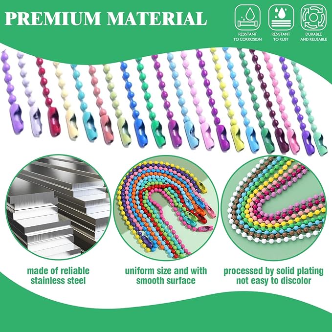 Yauhar 420Pcs Colorful Ball Chain Assorted Set, 14 Colors 2.4mm Metal Ball Bead Chain Connector Clasp Extension for Keychain Tags Jewelry Necklace Making Key Ring Ornament