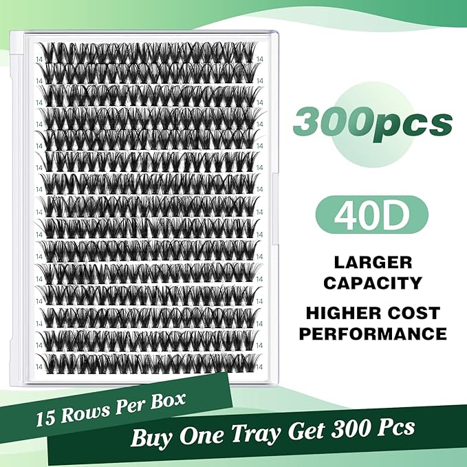 Lash Clusters 300pcs Individual Lashes 40D 0.07D Curl 14mm DIY Eyelash Extension KEYYOU Large Tray Volume Soft&Natural Eyelash Clusters(40D-0.07D,14）