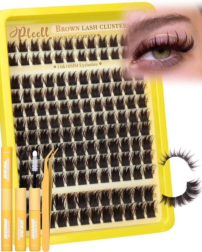 Lash Clusters Kit Brown Cluster Eyelash Extensions Kit More 14/16mm Volume Lashes with Spikes Anime Thick Eyelash Clusters Kit with Lash Bond and Seal, Tweezers by Pleell (D Curly, 144PCS)
