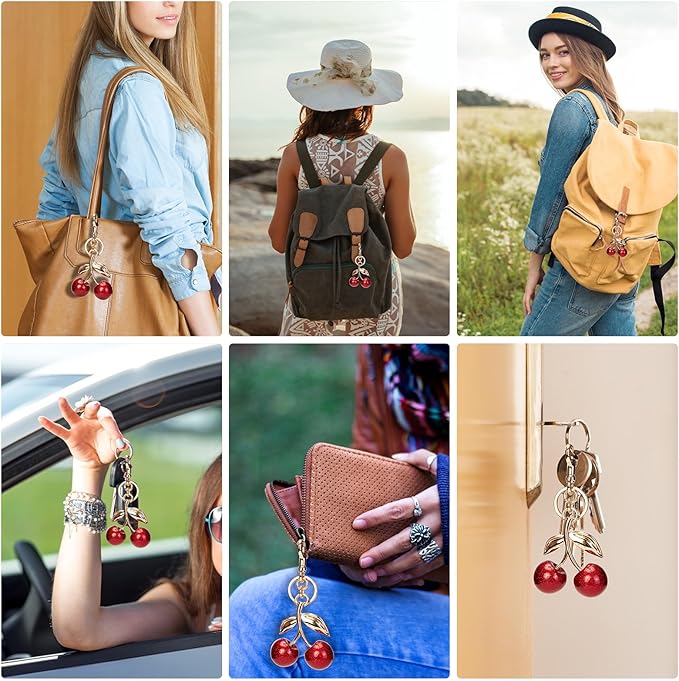 YDF Cherry Keychain Cute Bag Charm Women Leather Keyring Car Keys Gift Mother's Day Birthday Valentine's Purse Accessory