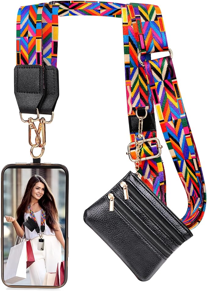 XANGNIER Clip and Go Strap for Phone with Wallet Crossbody, Phone Strap with Zippered Wallet, Adjustable Anti Theft Cellphone Lanyard for Women, Cellphone Chain Accessories,Multicolor 10