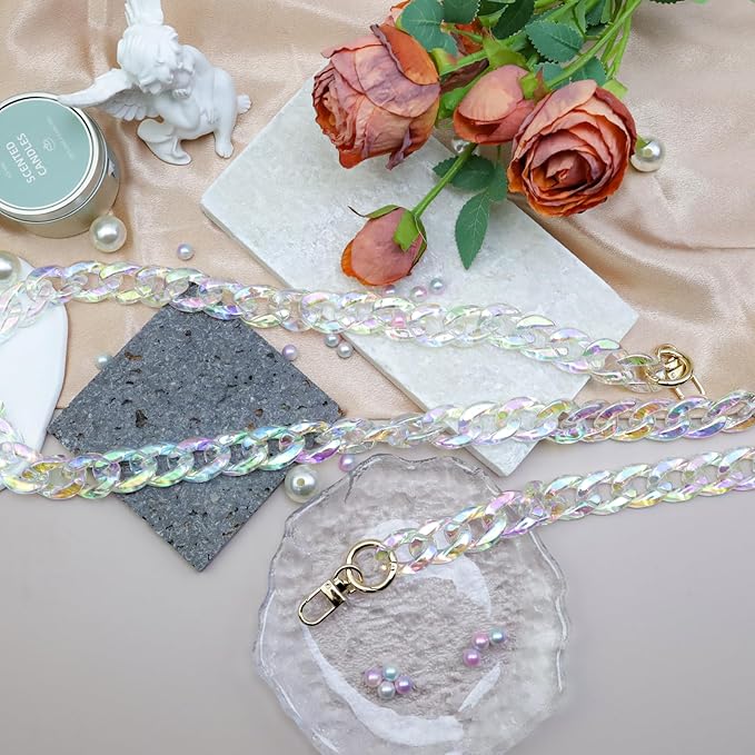 47.2"/120cm Acrylic Resin Chain Handles Bag Purse Detachable Decoration Chain with Buckles, Transparent Rainbow Color Multicolour