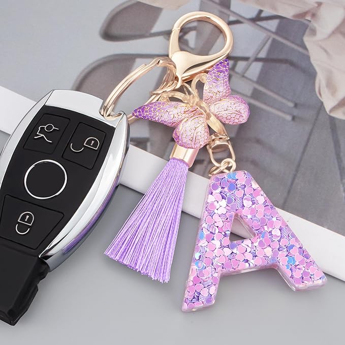 Initial letter Keychains for Women Girls Tassel Butterfly Cute Keychain for Wallet Backpack charm