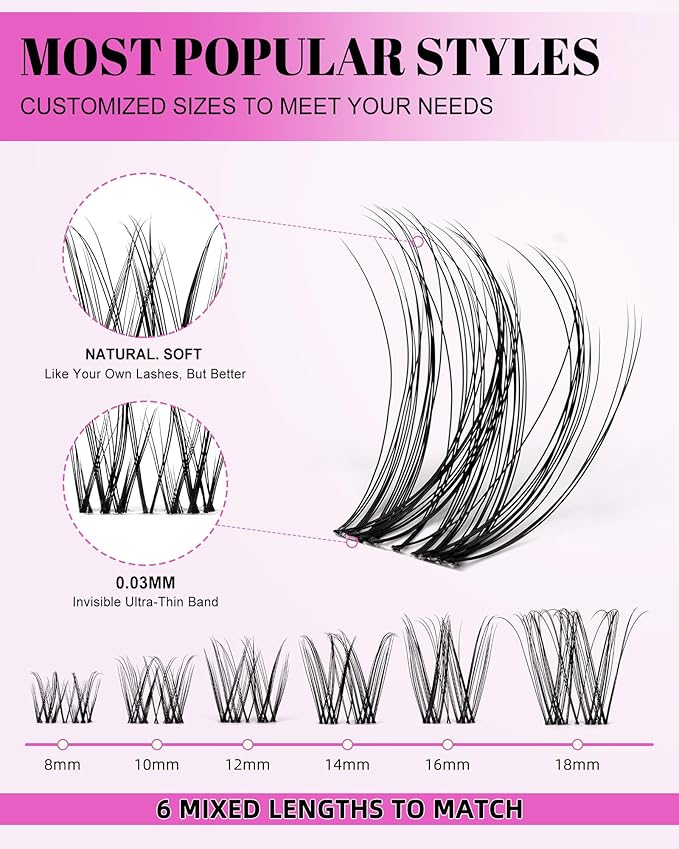 Magic Lash Clusters Natural 8-18mm Slightly Volume Wispy & Spikes Eyelash Clusters Extension Kit D Curl Individual DIY False Eyelash Extension Fake Eye Lashes With Wide & Thin Invisible Lash Band