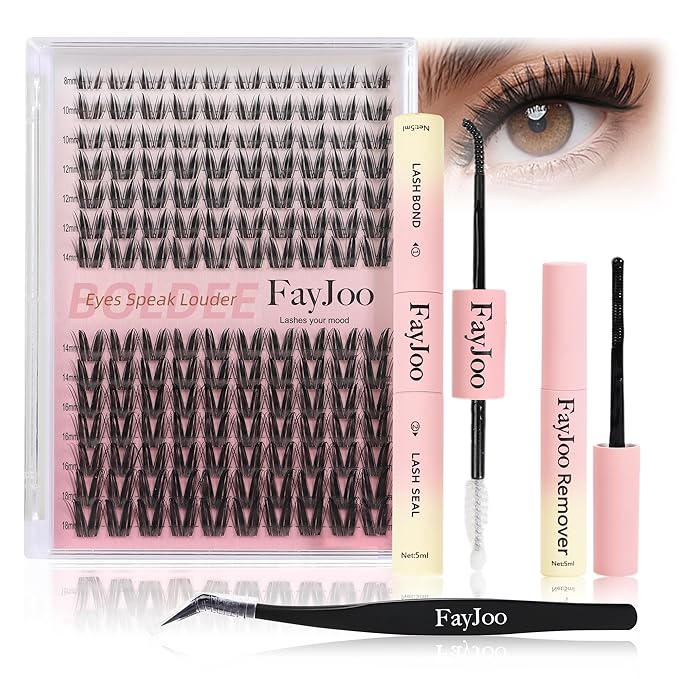 Dramatic Volume Lash Clusters Kit, 0.05mm Thin Band 8-18mm C Curl, DIY Lash Extension with Bond/Seal/Remover/Tweezer, Waterproof Reusable, FayJoo BOLDEE 11 Kit