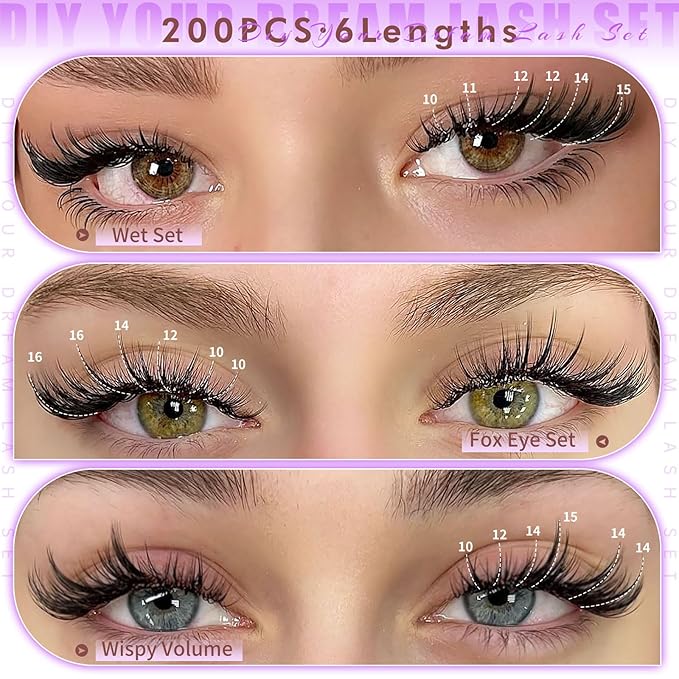 Lash Clusters Kit 10-16mm Natural Volume Lashes with Soft Fibre Thin Band, 200PCS Wispy Eyelash Clusters for Gentle Bonding & Beginner Friendly, DIY Individual Lashes
