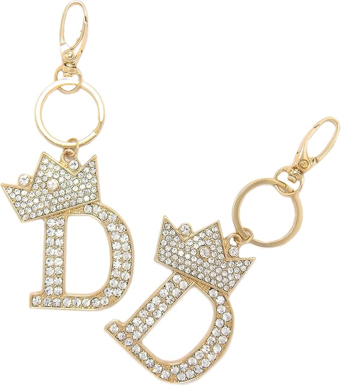 CBC Crown Crystal Rhinestone Letter Initial Keychain, Gold Metal, Bag Charm with Key Ring Approx. 2.17" x 2.56"