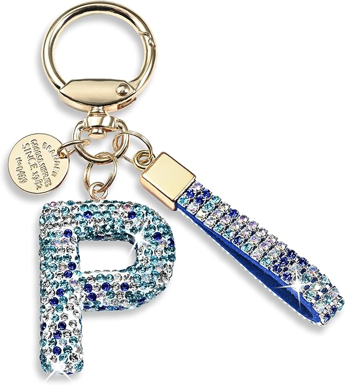 Pink Blue White Initial Letter Keychain Gift for Women Girls Bling Sparkly Cute Backpack Car Key Accessories Lanyard