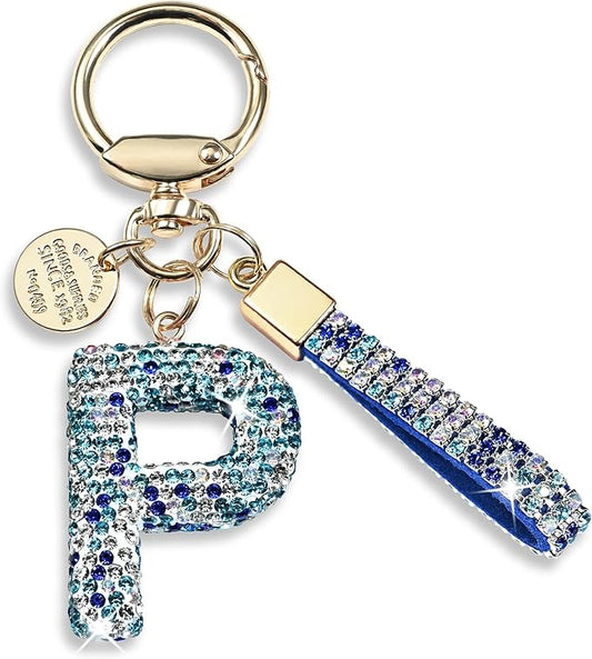 Pink Blue White Initial Letter Keychain Gift for Women Girls Bling Sparkly Cute Backpack Car Key Accessories Lanyard