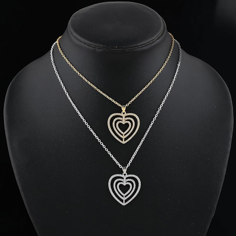 JOR Hearts in Heart Charm Pendant Necklace, CZ, Women Jewelry, Dainty Gold & Silver Plated Combo Chain 18 inch (Pack of 2)
