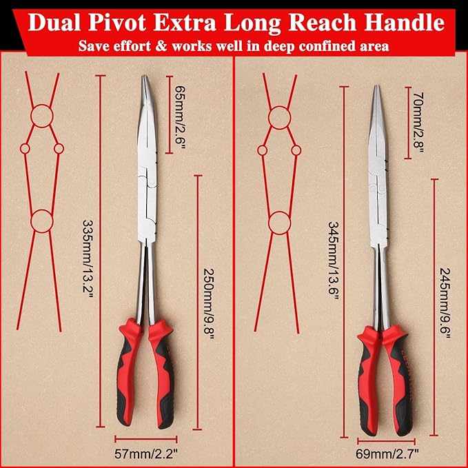 Straight and 45-Degree Bent Needle Nose Pliers Set 2Pcs Double Jointed Needle Nose Pliers Set Extra Long Needle Nose Plier with Serrated Jaw Long reach pliers for Hard to Reach Narrow Spaces
