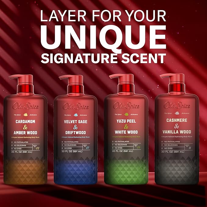 Old Spice Body Wash for Men, The Spice Alchemist Collection, 24/7 Cologne Infused Hydration, No Trade Off Formula, Free of Phthalates Silicones & Dyes, Velvet Sage + Driftwood Scent, 20 oz